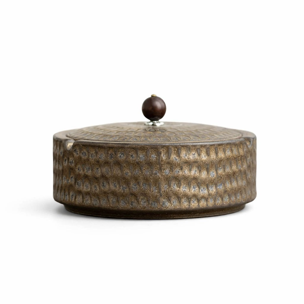 Ceramic Ashtray Handcrafted Glazed Wooden Lid