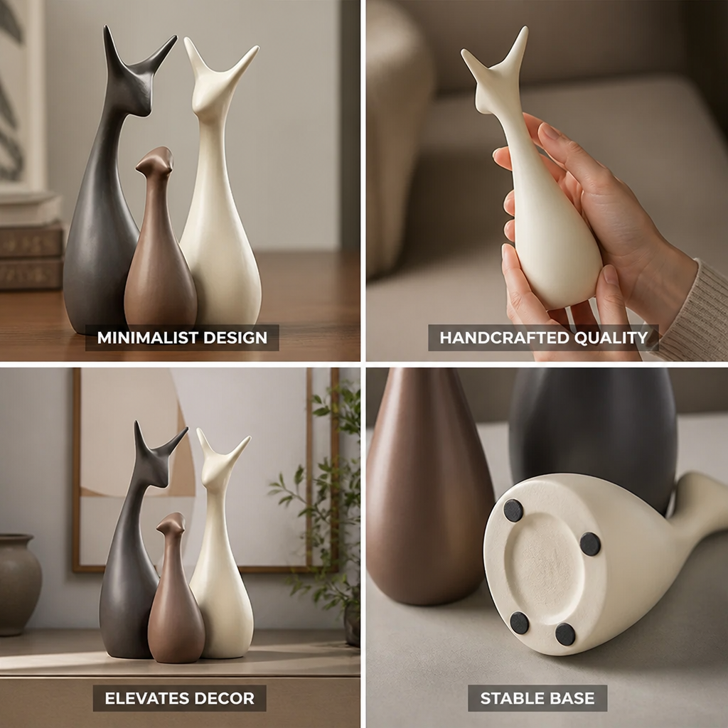 Ceramic Deer Figurine Set Handcrafted Minimalist Design