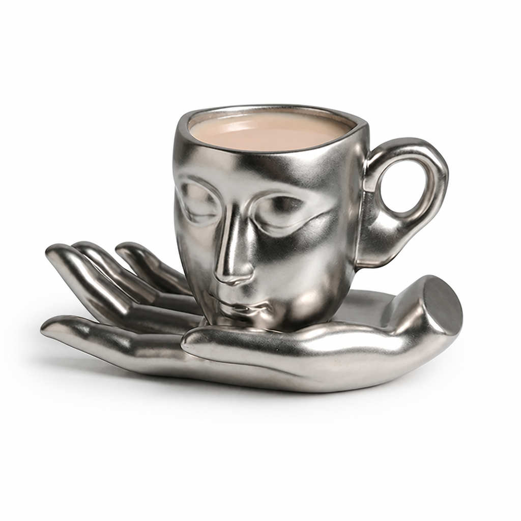 Ceramic Mug Sculptural Face Hand-Shaped Saucer 260 ml