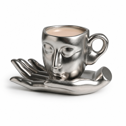 Ceramic Mug Sculptural Face Hand-Shaped Saucer 260 ml