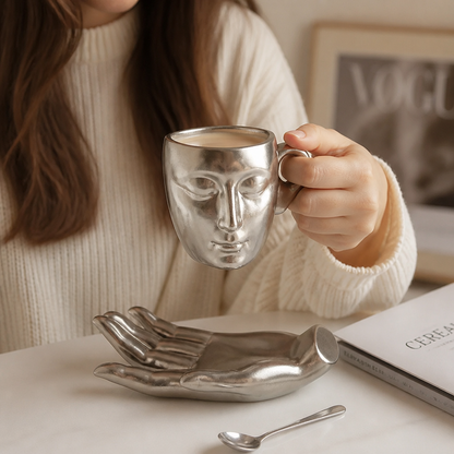 Ceramic Mug Sculptural Face Hand-Shaped Saucer 260 ml