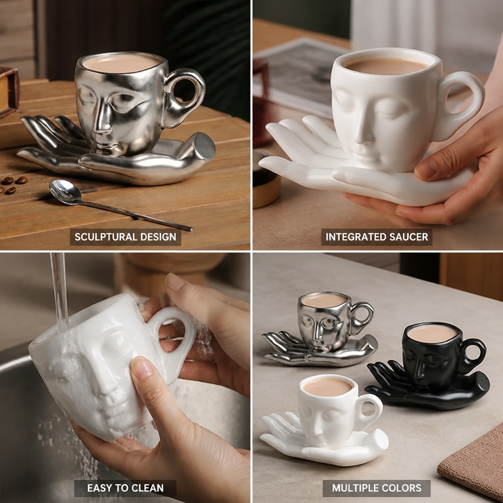 Ceramic Mug Sculptural Face Hand-Shaped Saucer 260 ml