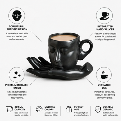 Ceramic Mug Sculptural Face Hand-Shaped Saucer 260 ml
