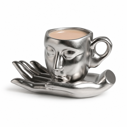 Ceramic Mug Sculptural Face Hand-Shaped Saucer 260 ml