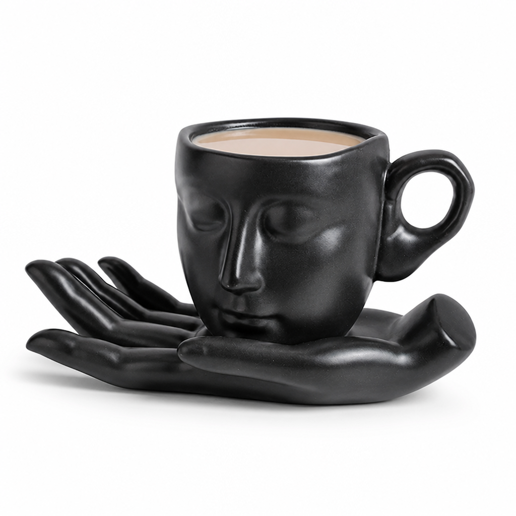 Ceramic Mug Sculptural Face Hand-Shaped Saucer 260 ml