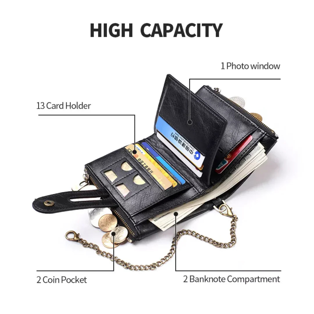 Chain Wallet Vintage PU Leather 13 Card Slots & Photo Window