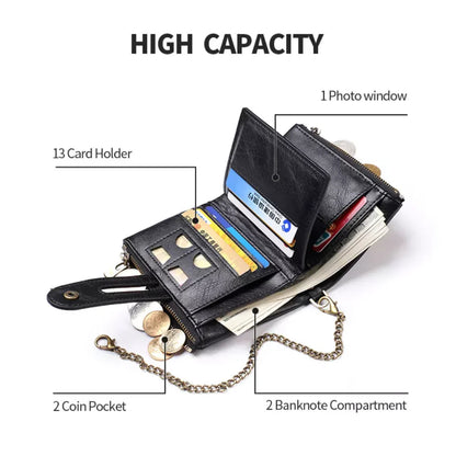 Chain Wallet Vintage PU Leather 13 Card Slots & Photo Window