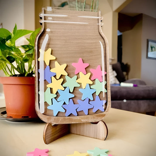 Children's Reward Jar Walnut Veneer Colorful Stars & Stand