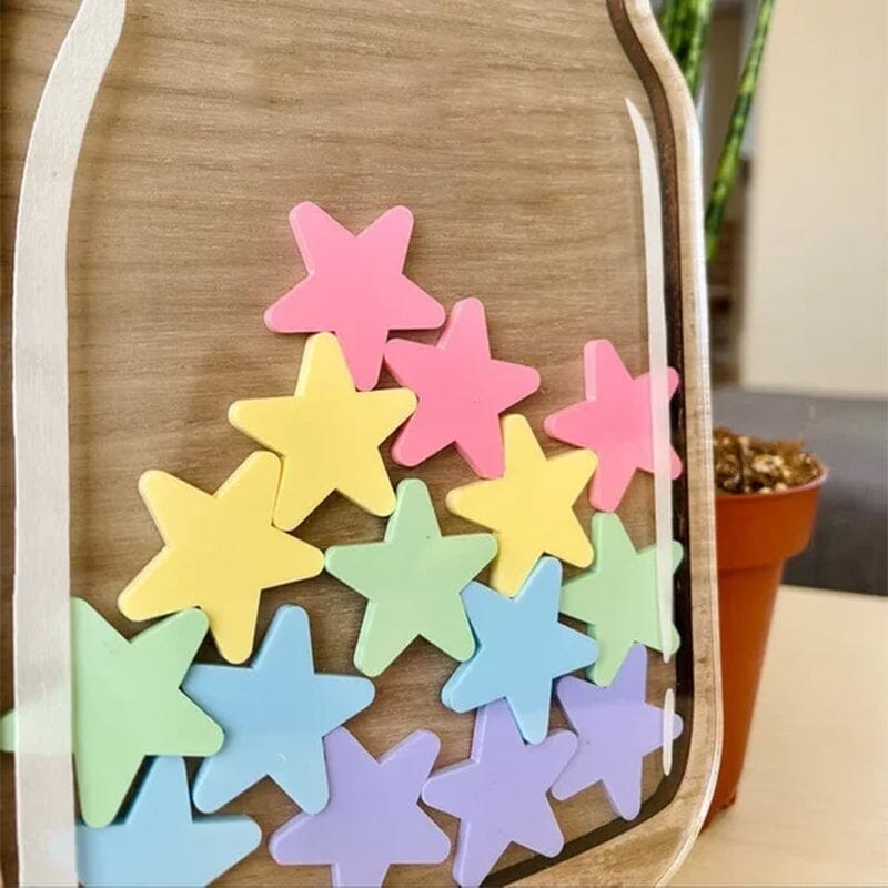 Children's Reward Jar Walnut Veneer Colorful Stars & Stand