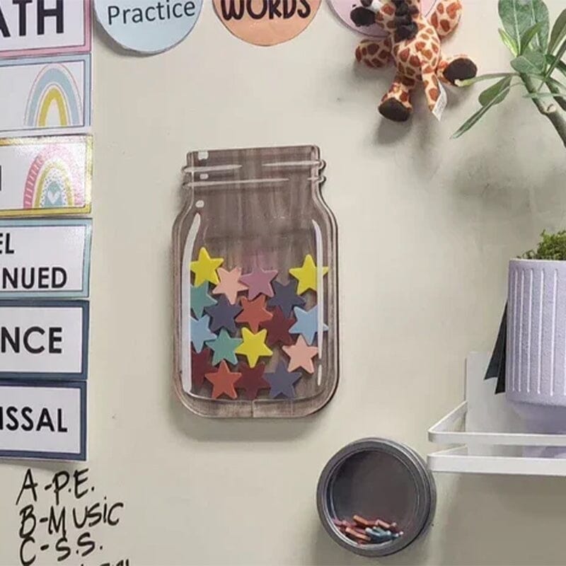 Children's Reward Jar Walnut Veneer Colorful Stars & Stand