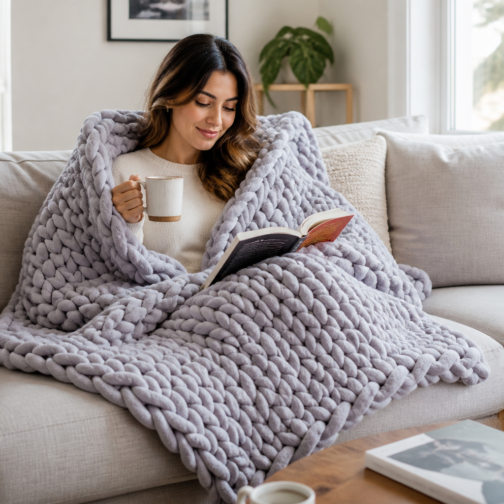 Chunky Knit Throw Blanket Hypoallergenic Microfiber Handmade