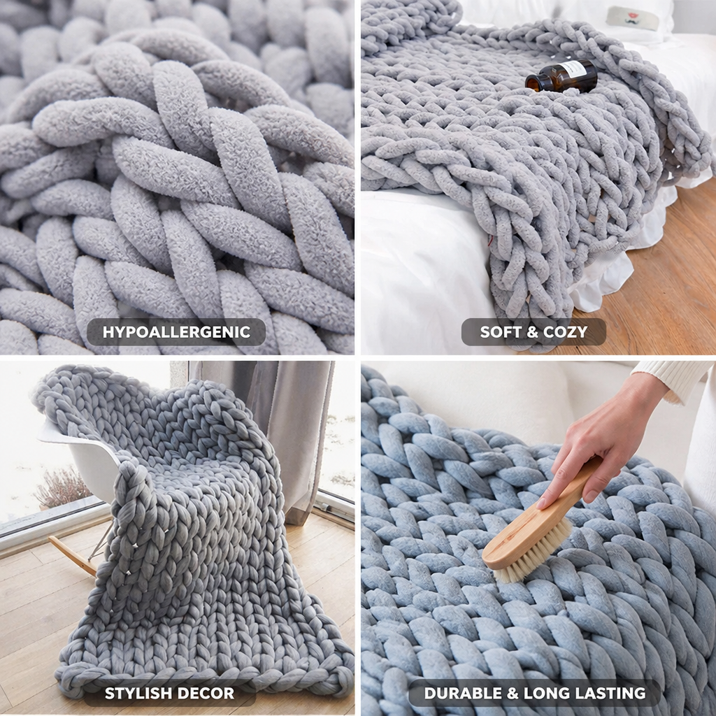 Chunky Knit Throw Blanket Hypoallergenic Microfiber Handmade
