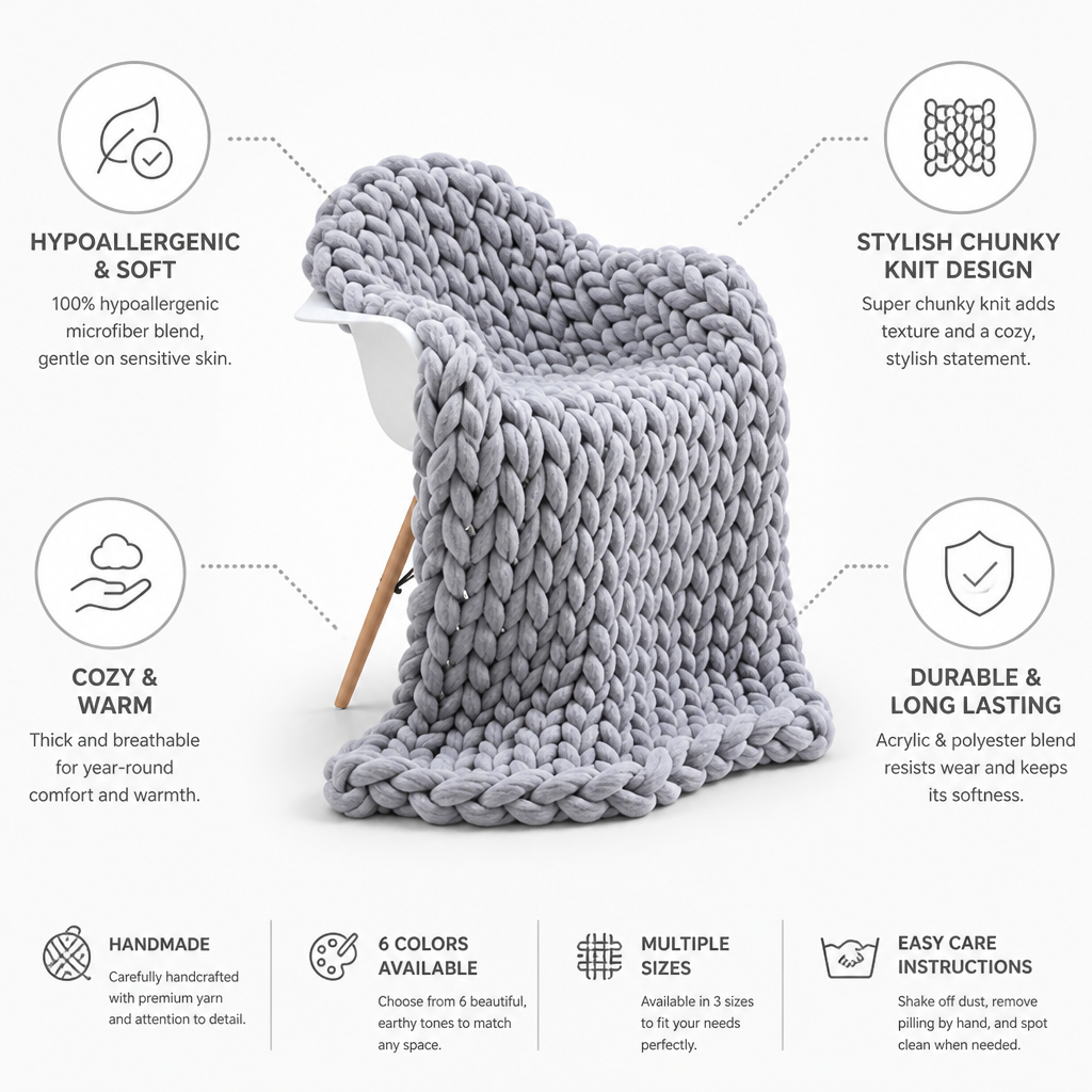 Chunky Knit Throw Blanket Hypoallergenic Microfiber Handmade