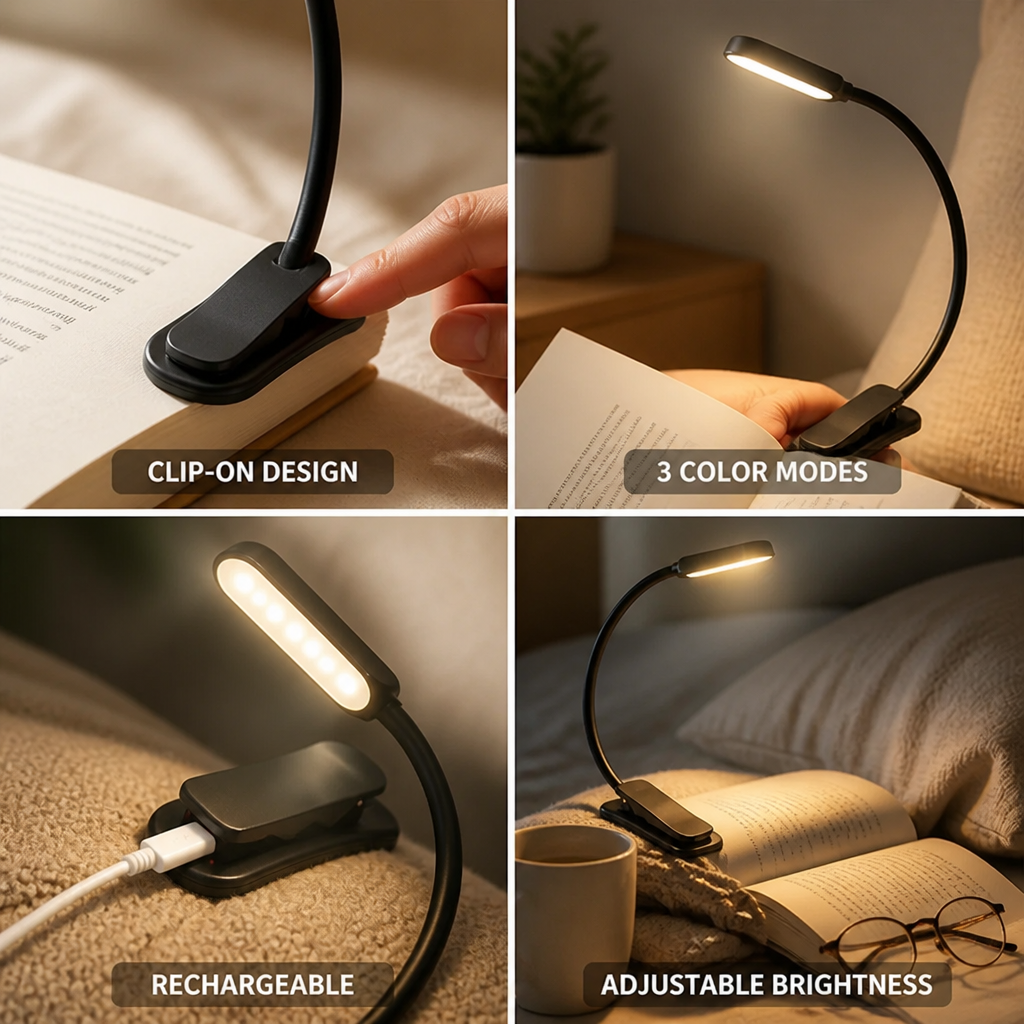 Clip-On Reading Light USB Rechargeable 3 Color Modes & Dimmable