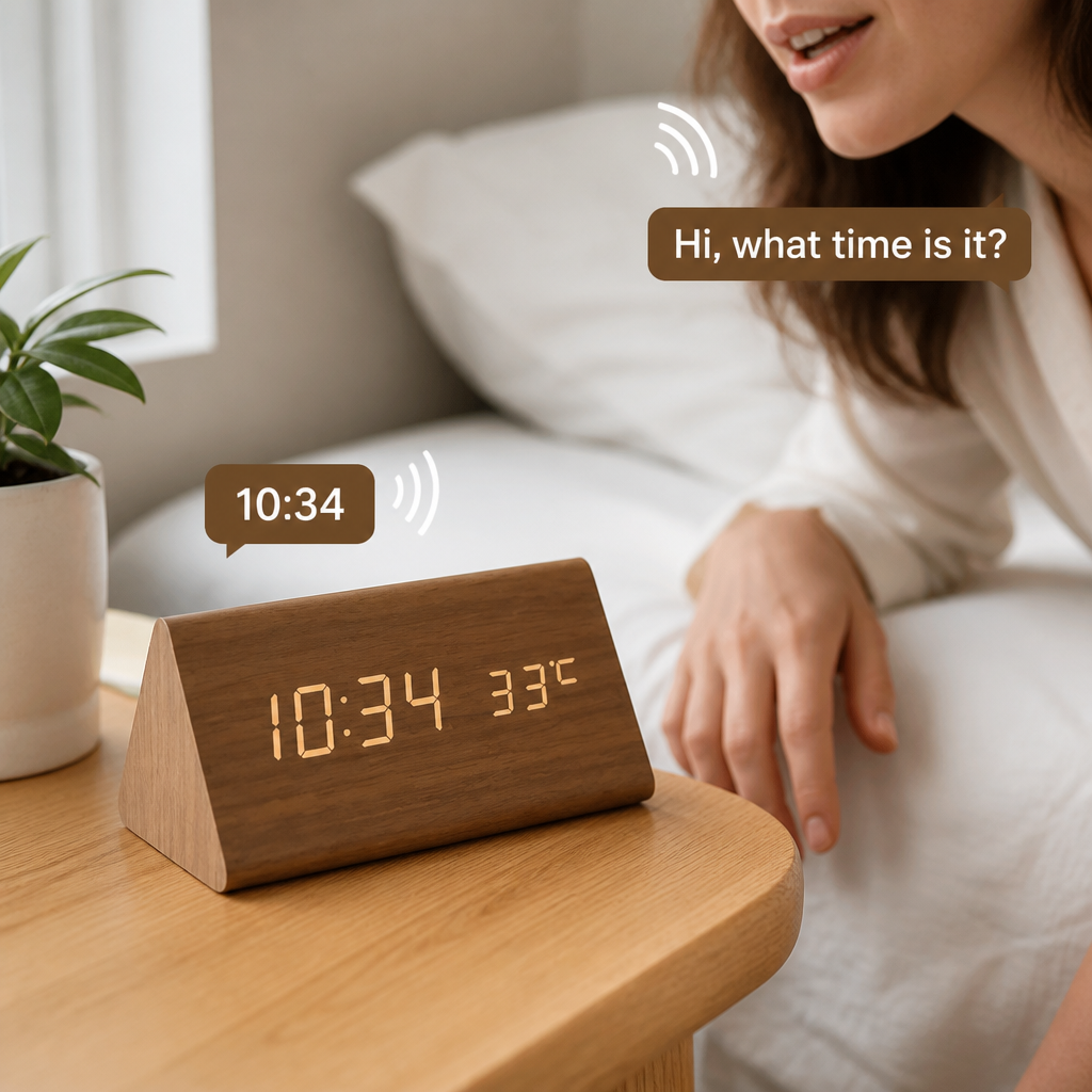 Clock Voice-Controlled Wooden LED Display USB & Battery