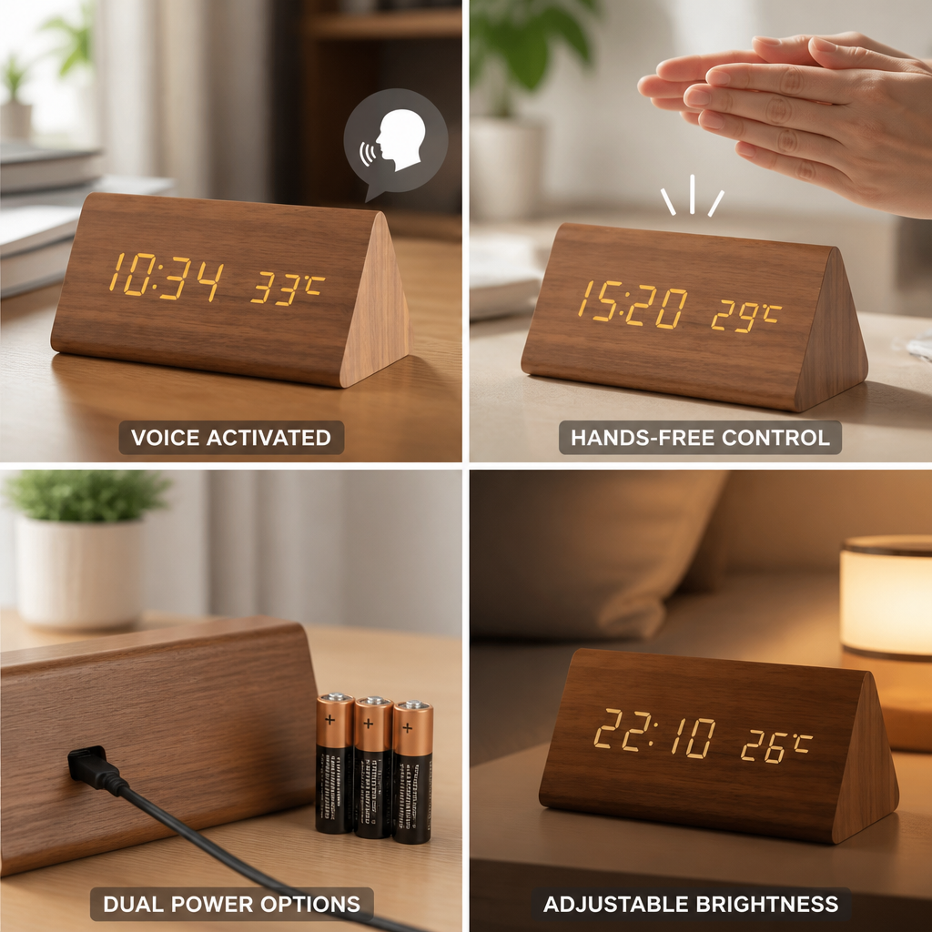 Clock Voice-Controlled Wooden LED Display USB & Battery
