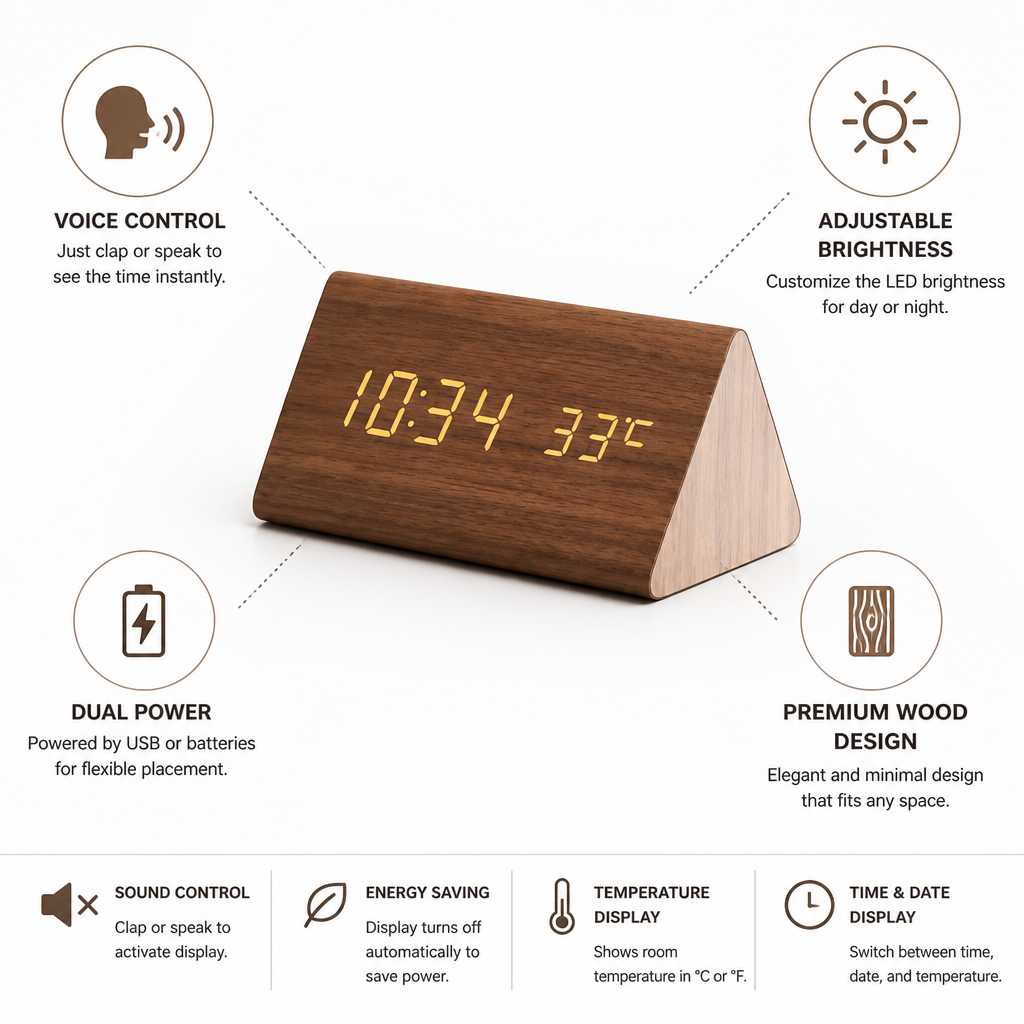 Clock Voice-Controlled Wooden LED Display USB & Battery