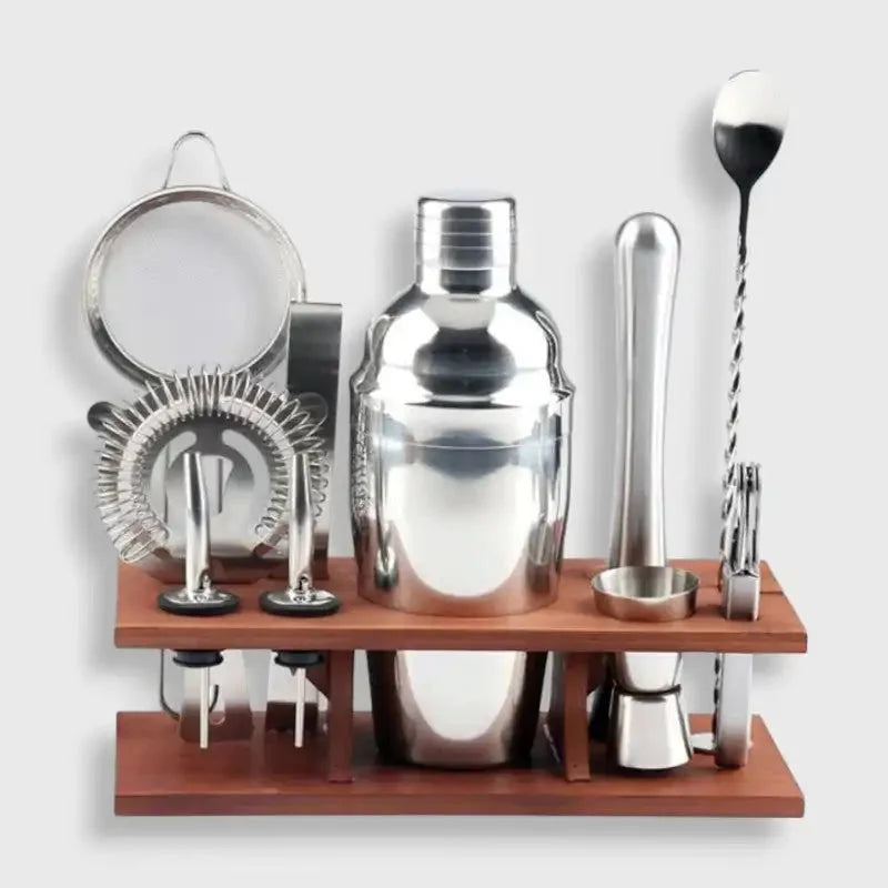 Cocktail Set Stainless Steel & Wooden Stand 10-Piece