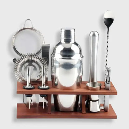 Cocktail Set Stainless Steel & Wooden Stand 10-Piece