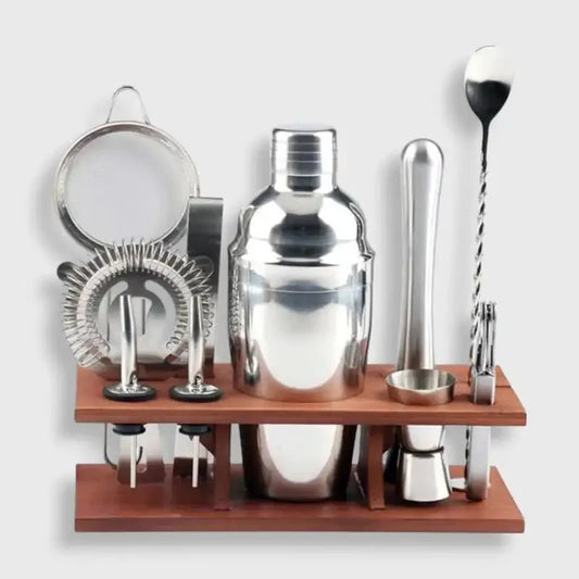 Cocktail Set Stainless Steel & Wooden Stand 10-Piece