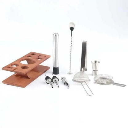 Cocktail Set Stainless Steel & Wooden Stand 10-Piece