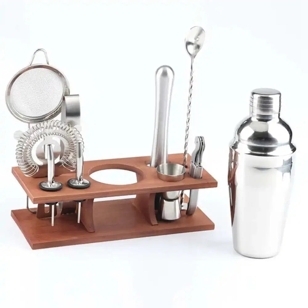 Cocktail Set Stainless Steel & Wooden Stand 10-Piece
