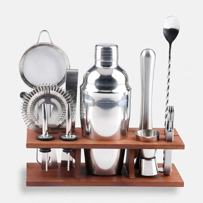 Cocktail Set Stainless Steel & Wooden Stand 10-Piece