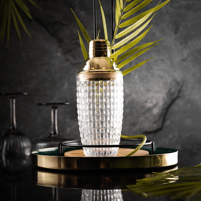 Cocktail Shaker Textured Crystal Glass Gold Stainless Steel Top