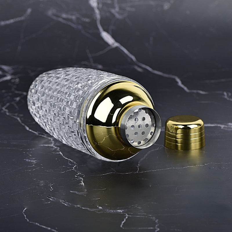 Cocktail Shaker Textured Crystal Glass Gold Stainless Steel Top