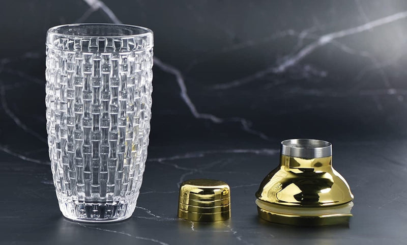 Cocktail Shaker Textured Crystal Glass Gold Stainless Steel Top