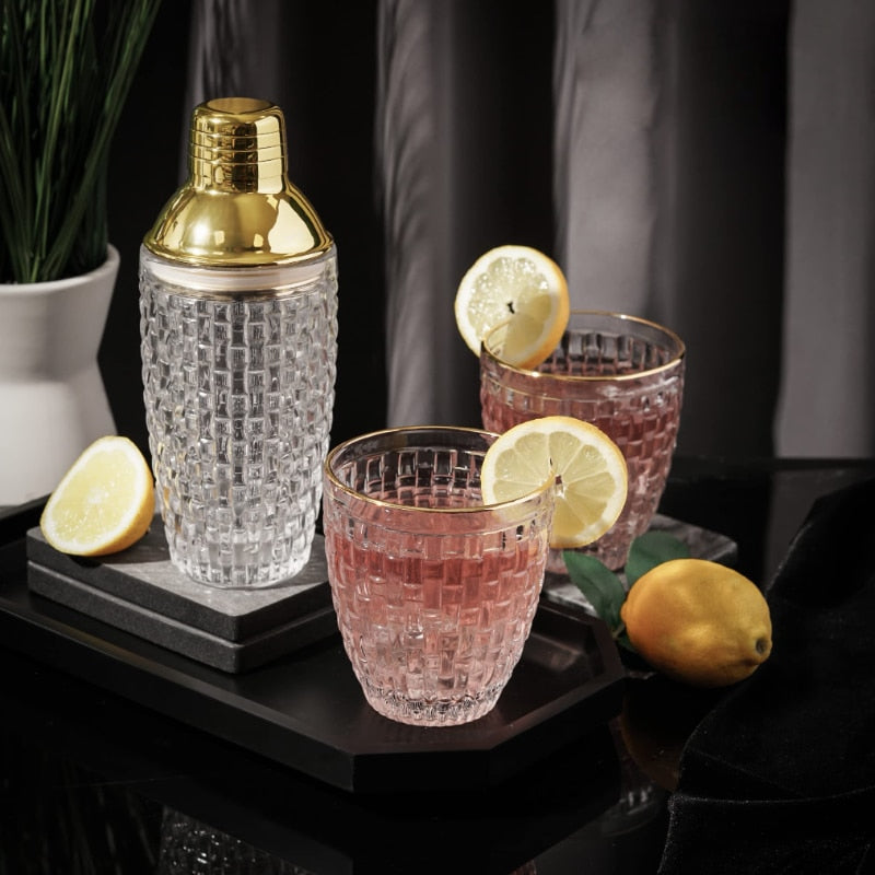 Cocktail Shaker Textured Crystal Glass Gold Stainless Steel Top