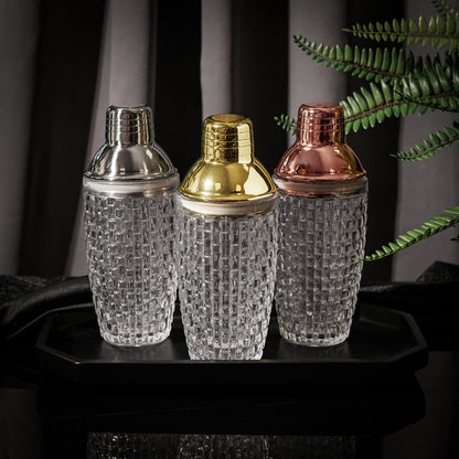 Cocktail Shaker Textured Crystal Glass Gold Stainless Steel Top