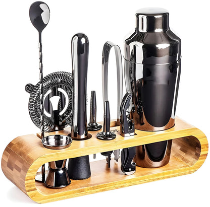 Cocktail Tool Set 10-Piece Stainless Steel Bamboo Stand