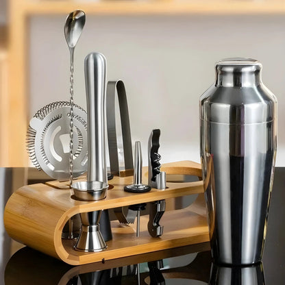 Cocktail Tool Set 10-Piece Stainless Steel Bamboo Stand