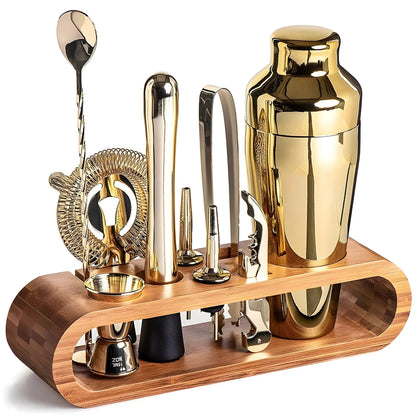 Cocktail Tool Set 10-Piece Stainless Steel Bamboo Stand