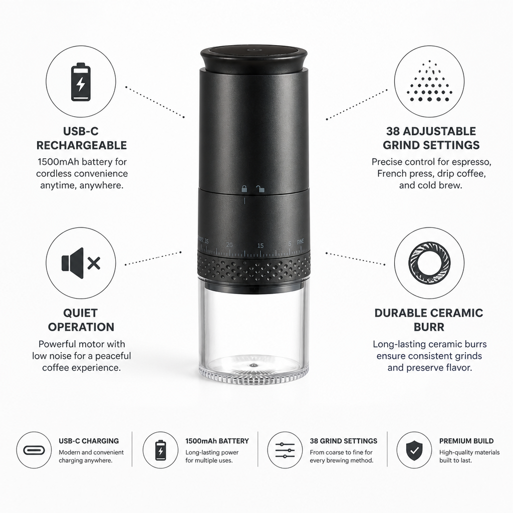 Coffee Grinder USB-C Rechargeable Ceramic Burr 38 Grind Settings