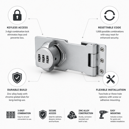 Combination Cam Lock Keyless 3-Digit Resettable Zinc Alloy