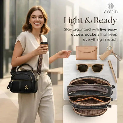 Compact Crossbody Bag Faux Leather Five Compartments Adjustable Strap
