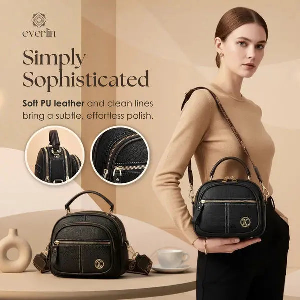 Compact Crossbody Bag Faux Leather Five Compartments Adjustable Strap