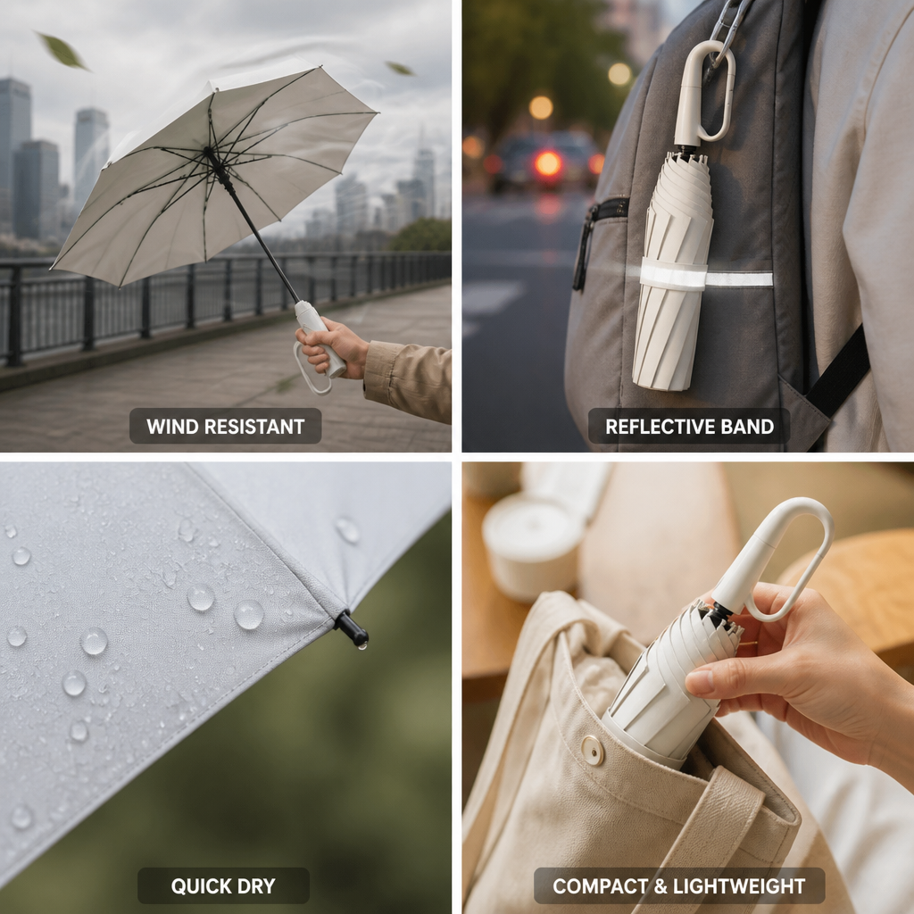 Compact Travel Umbrella Wind-Resistant Quick-Dry Reflective Band