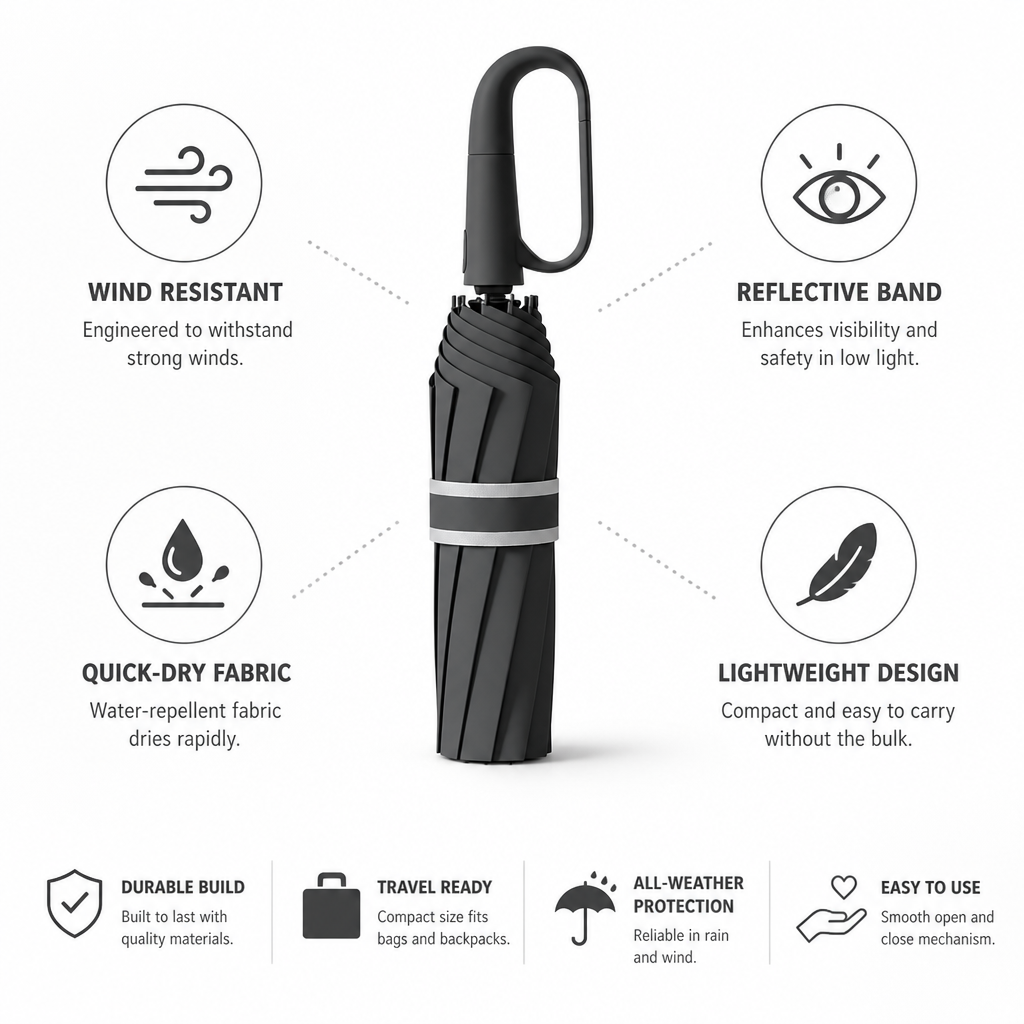 Compact Travel Umbrella Wind-Resistant Quick-Dry Reflective Band