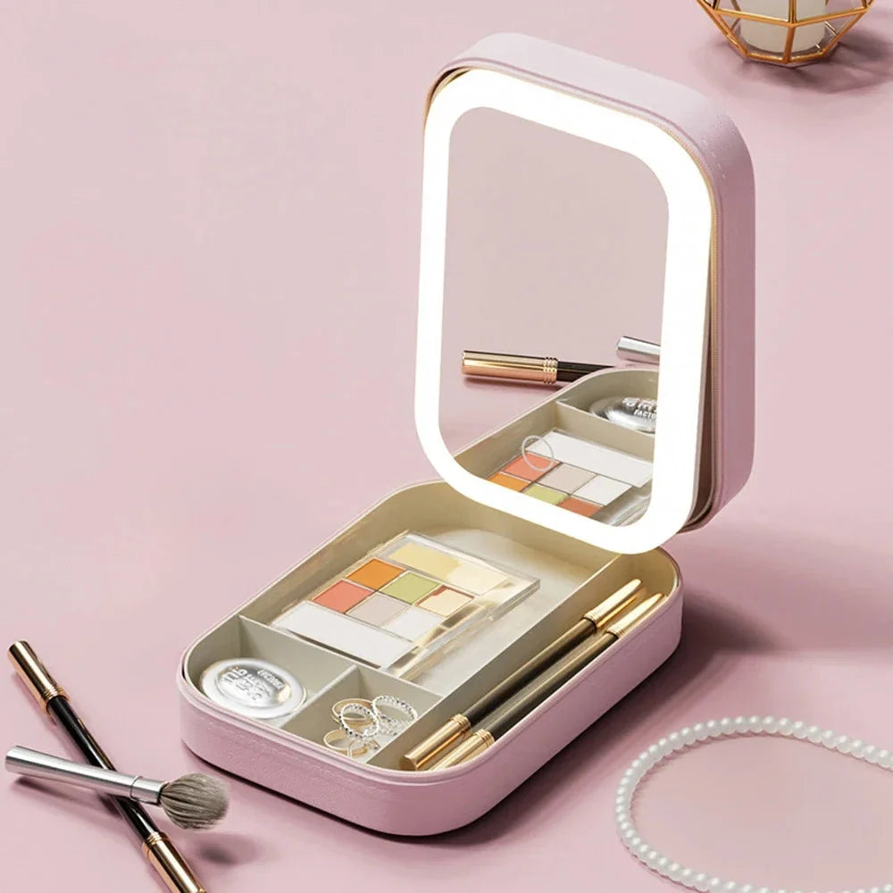 Cosmetic Case Integrated LED Mirror Multiple Compartments