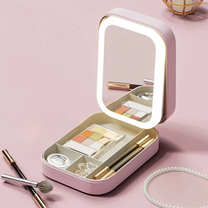 Cosmetic Case Integrated LED Mirror Multiple Compartments
