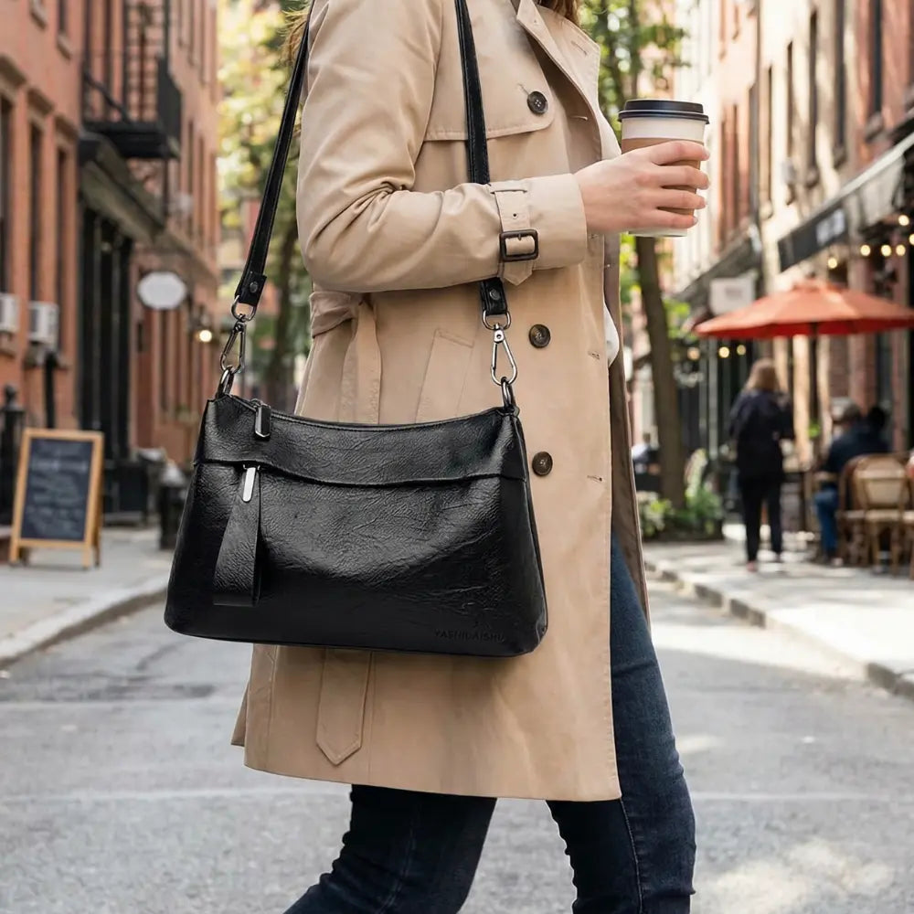 Crossbody Bag 3-Compartment Soft Faux Leather Adjustable Strap