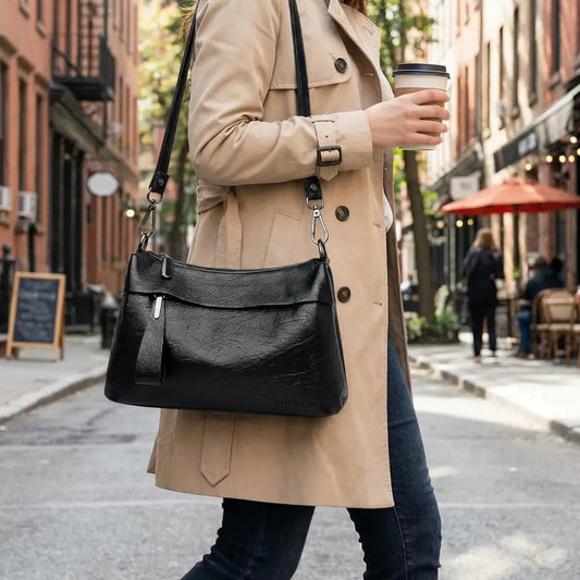 Crossbody Bag 3-Compartment Soft Faux Leather Adjustable Strap