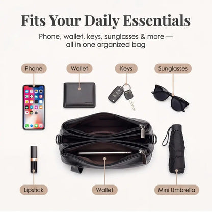 Crossbody Bag 3-Compartment Soft Faux Leather Adjustable Strap