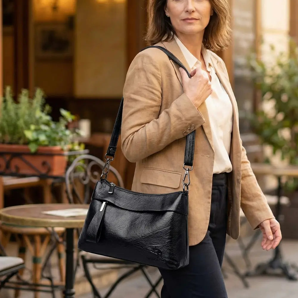 Crossbody Bag 3-Compartment Soft Faux Leather Adjustable Strap
