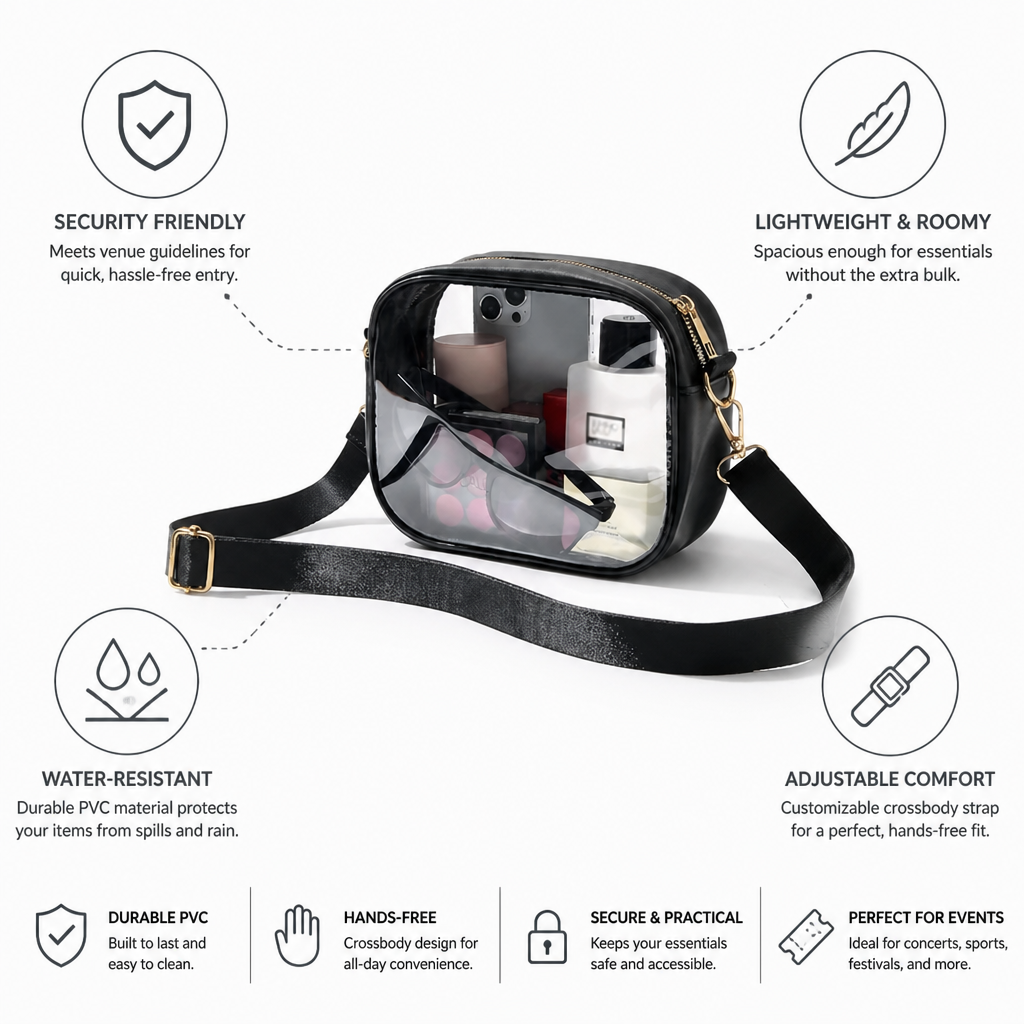 Crossbody Bag Transparent PVC Stadium-Friendly Adjustable Strap