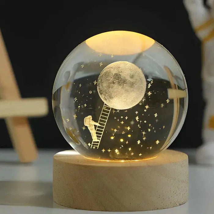 Crystal Ball Lamp 3D Engraved Warm LED Wood Base