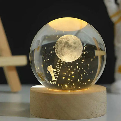 Crystal Ball Lamp 3D Engraved Warm LED Wood Base